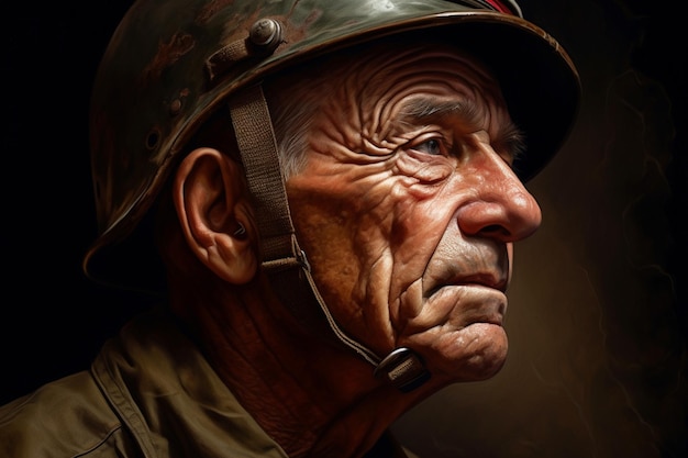 A painting of a soldier with a helmet on his head