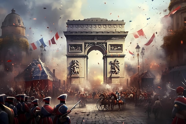 A painting of soldiers in front of a triumph Bastille Day French National Day La Fte Nationale