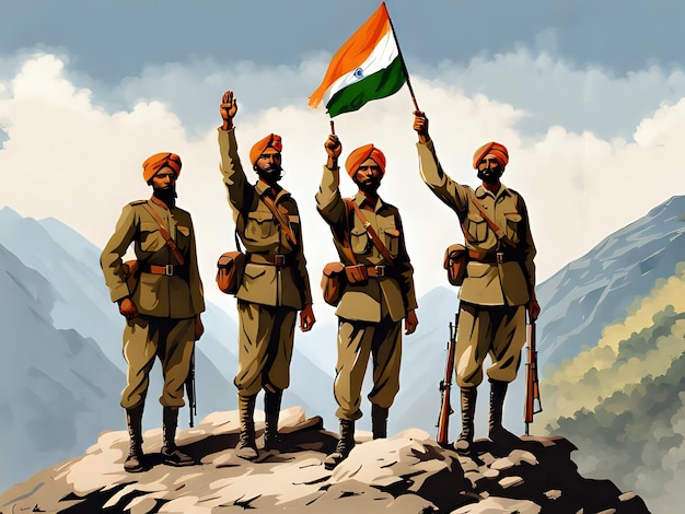 Photo painting of soldiers holding indian flag at mountain independence day republic day copy space