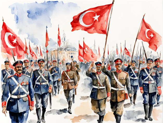 Photo a painting of soldiers marching in a parade with a flag that says quot national quot