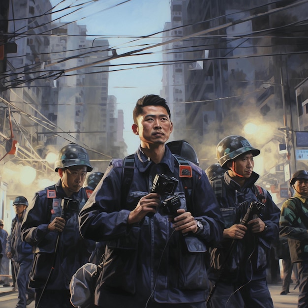 a painting of soldiers with a camera in the middle of the street.