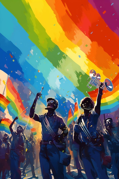 背景に虹が描かれた兵士の絵画
