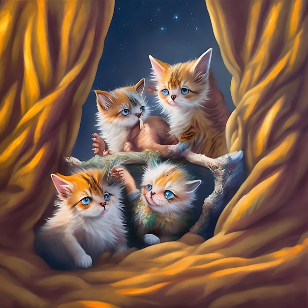 painting of some adorable kittens cuddled up together in a cozy blanket generative AI