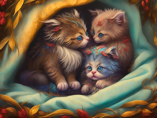 Painting of some beautiful adorable kittens cuddled up together in a cozy blanket generative AI