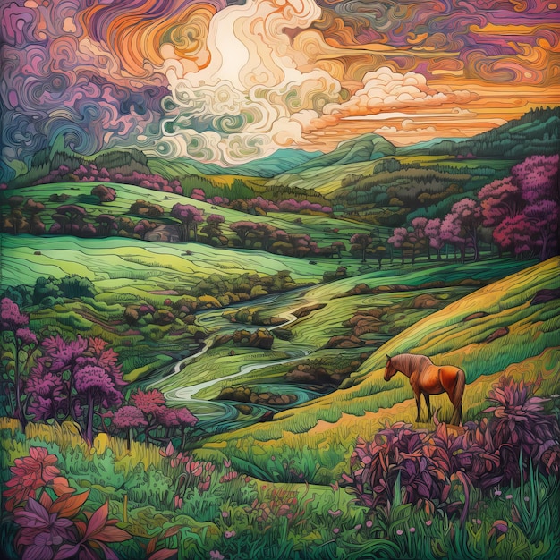 a painting of some serene rolling hills