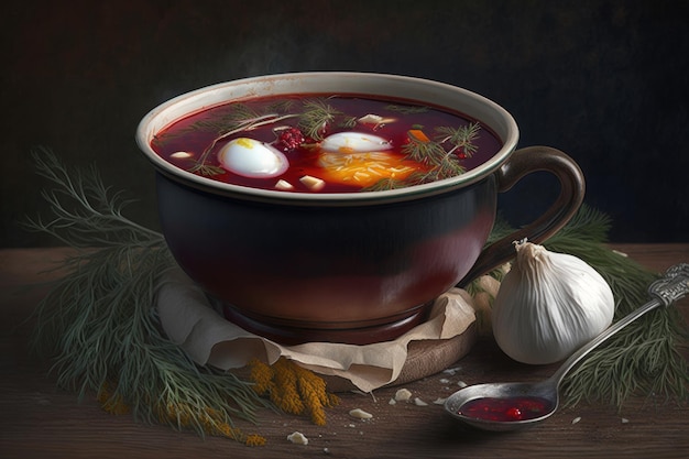 A painting of a soup with egg and garlic