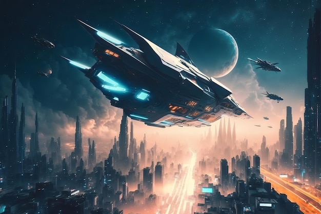 A painting of a spaceship flying over a city with a planet in the background.