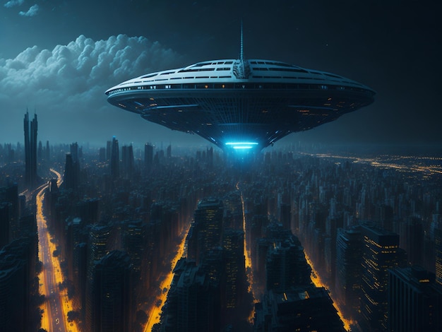 A painting of a spaceship flying over a city.