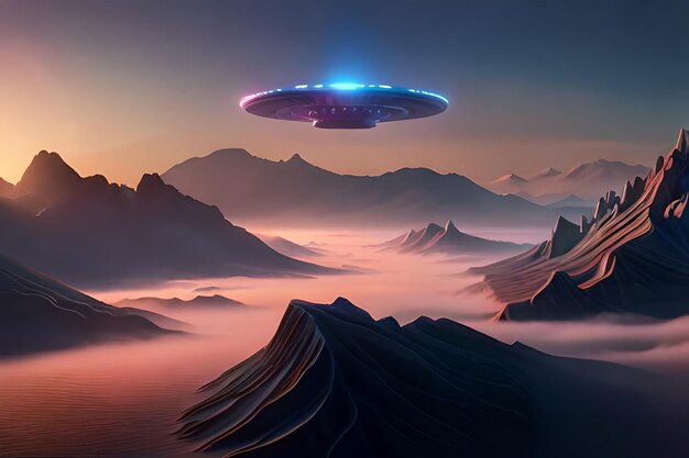 A painting of a spaceship flying over a mountain.