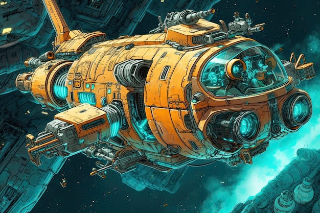 파란색 배경에 space ship이라는 단어가 있는 우주선 그림.