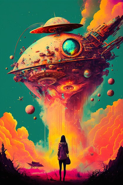 A painting of a spaceship with a person standing in front of it.