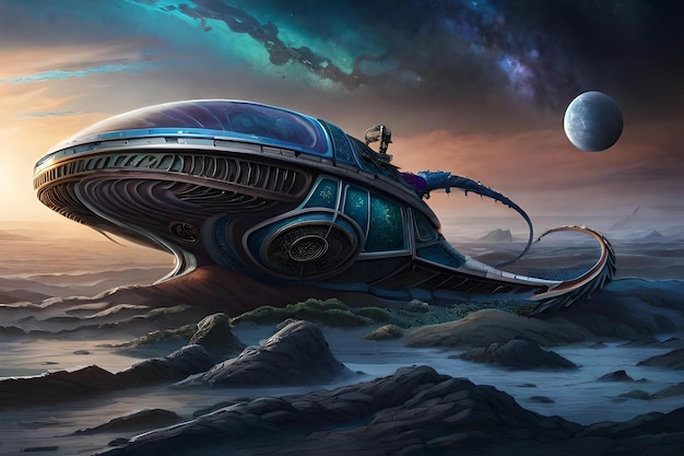 A painting of a spaceship with a planet in the background.