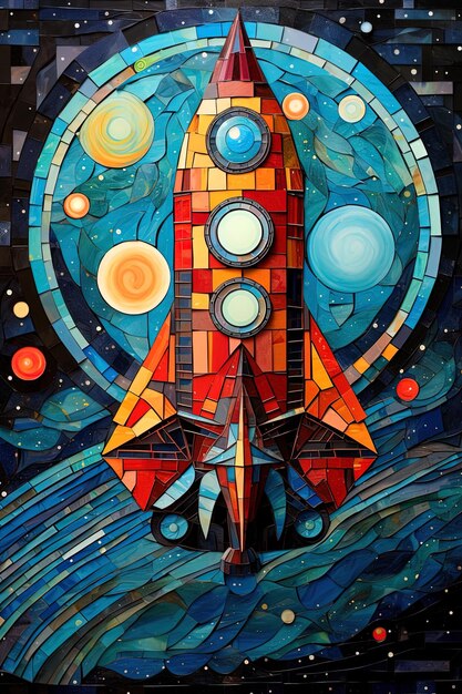 a painting of a spaceship with a star on it