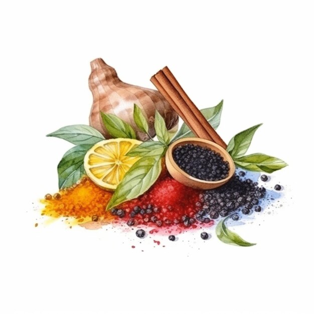 Photo a painting of spices and herbs on a white background generative ai