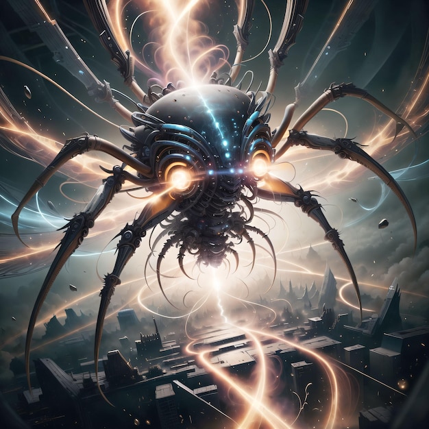 A painting of a spider with energy lights