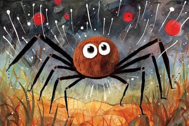 A painting of a spider with two eyes and a black nose.