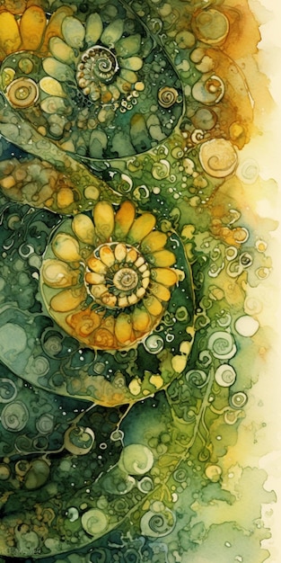 Painting of a spiral design with a yellow flower in the center generative ai