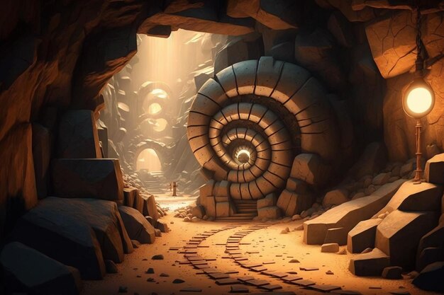 A painting of a spiral snail in a cave