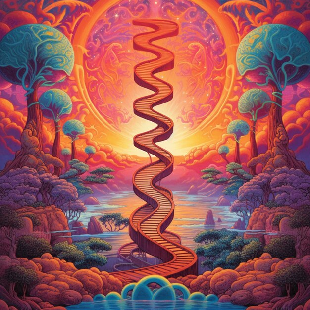 A painting of a spiral staircase going up to a sunset generative ai