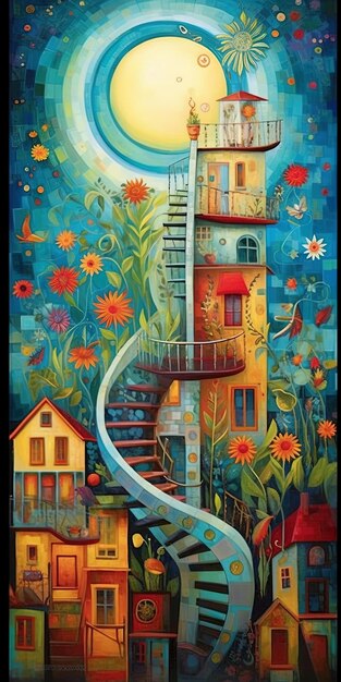 a painting of a spiral staircase and a spiral staircase