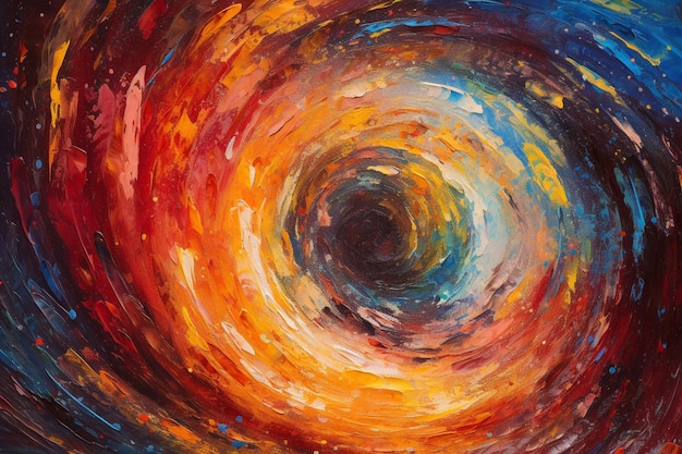 A painting of a spiral with a blue and orange circle in the center.