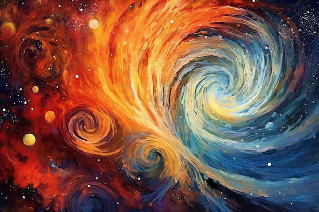 A painting of a spiral with a blue and orange swirl in the center.