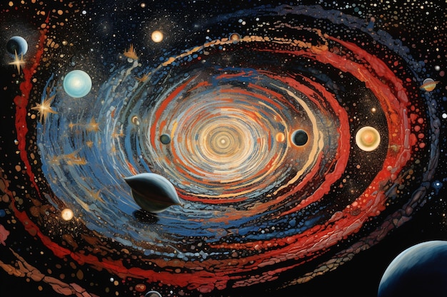 Foto pittura di una spirale con pianeti e stelle sullo sfondo