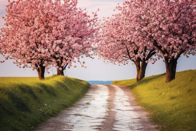 Foto un dipinto di un paesaggio primaverile con un albero in fiore