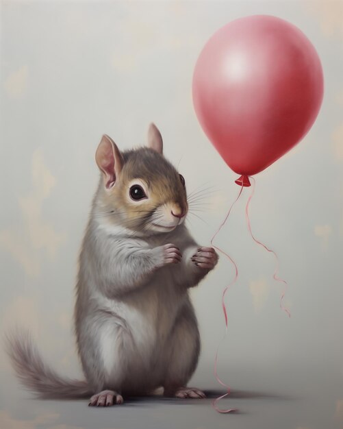 painting of a squirrel holding a red balloon with a string generative ai