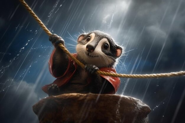 Photo a painting of a squirrel holding a rope in the rain