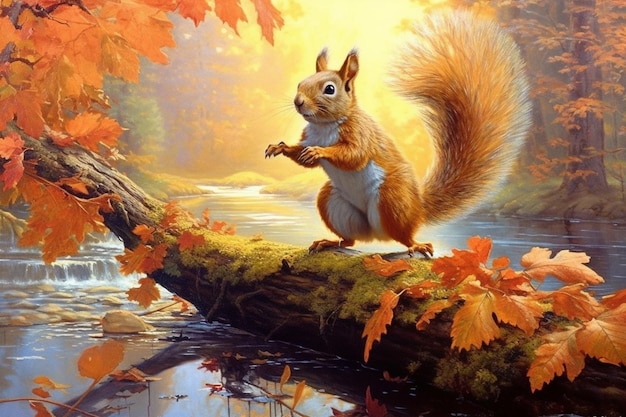 Painting of a squirrel sitting on a fallen tree branch in a forest generative ai