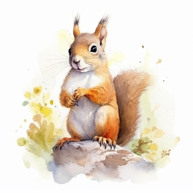 painting of a squirrel sitting on a rock with a white background generative ai