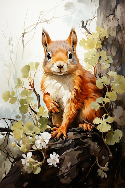 Painting of a squirrel sitting on a tree branch with flowers generative ai