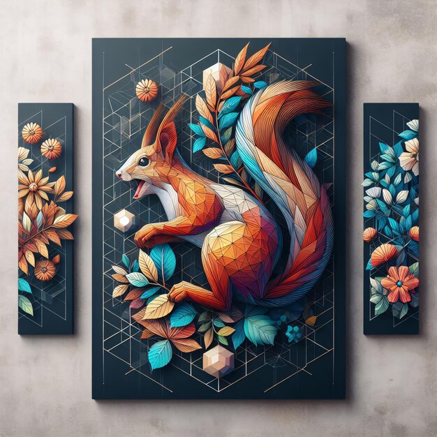 a painting of a squirrel with a colorful design on it