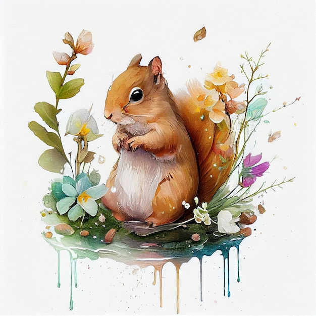 A painting of a squirrel with flowers and leaves