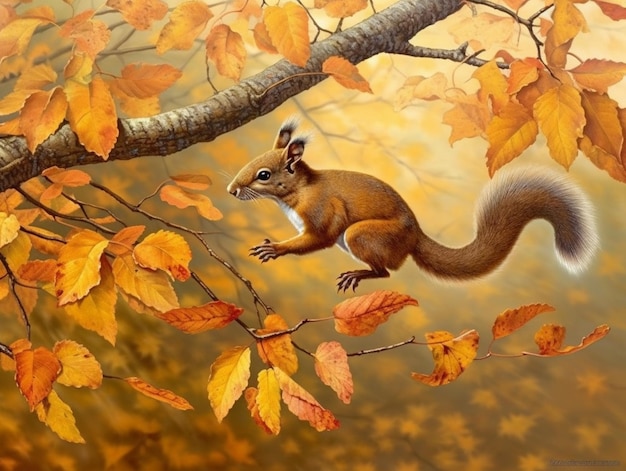 A painting of a squirrel with a leaf on it