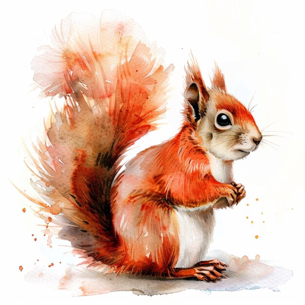 Photo painting of a squirrel with a red tail and a white belly generative ai