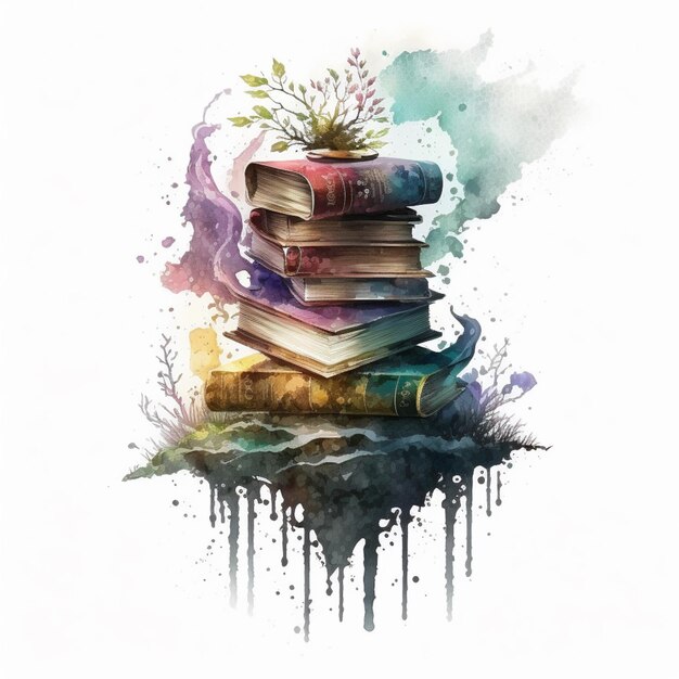 A painting of a stack of books with a plant on top generative ai