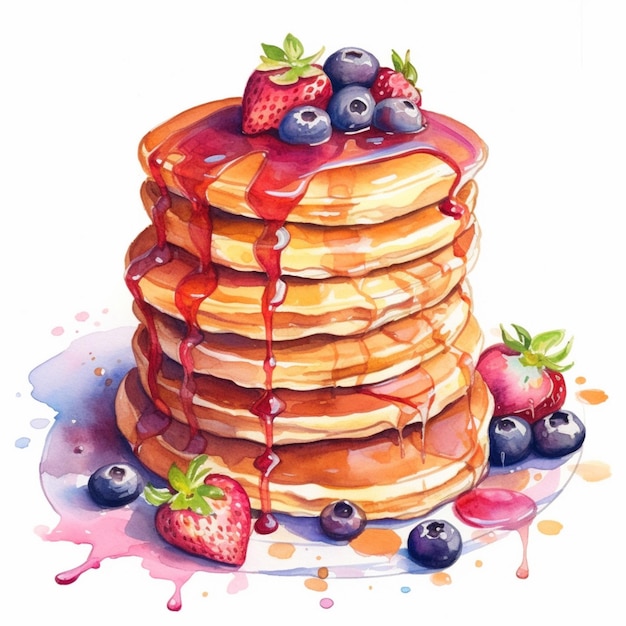 A painting of a stack of pancakes with syrup and berries generative ai