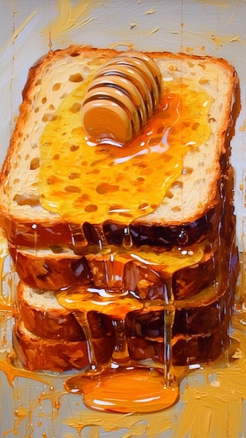 A painting of a stack of toasts with honey dripping down the top.