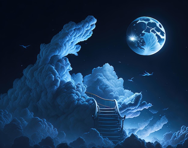 A painting of a staircase in the clouds with the moon in the background.