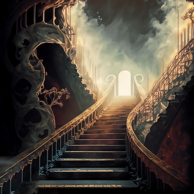 A painting of a staircase with a door that says " the word " on it.