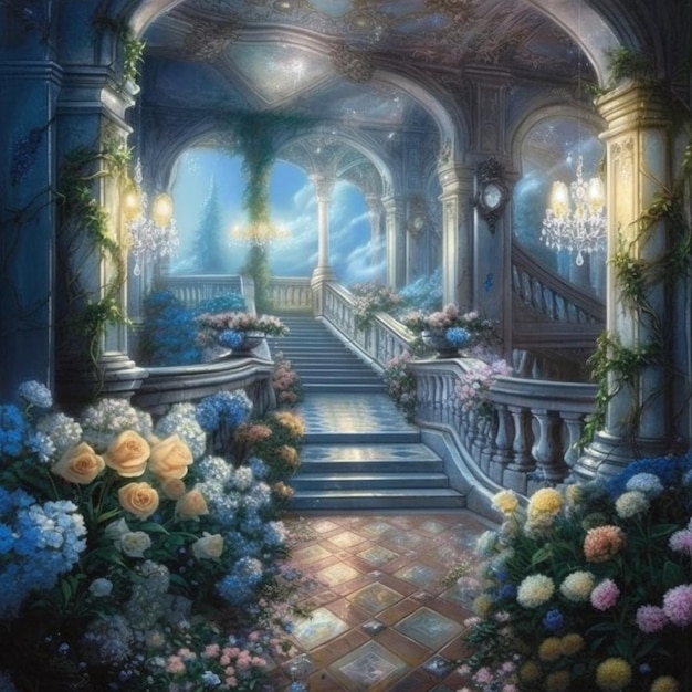 A painting of a staircase with flowers on it