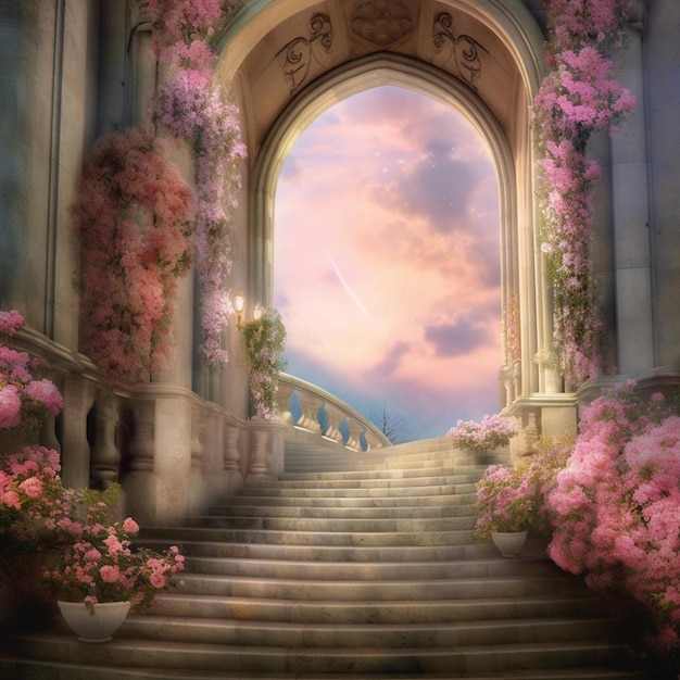 A painting of a staircase with pink flowers and a pink sky.