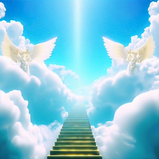 階段の上に二人の天使がいる絵
