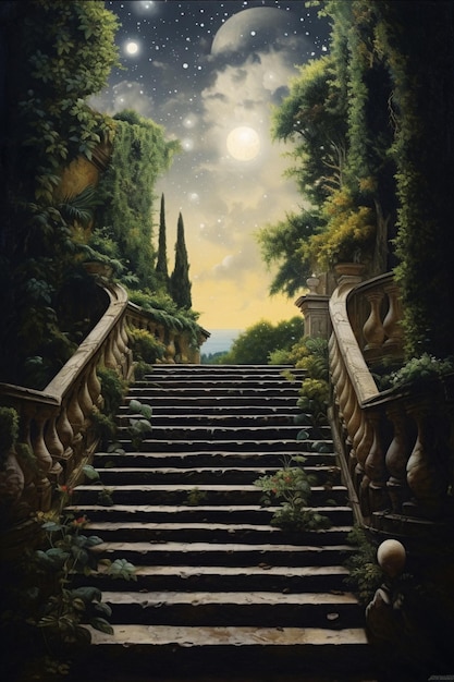 A painting of stairs with the moon in the background.