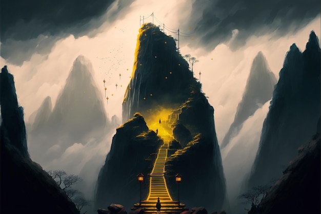 Painting of a stairway way to mountain with the top generative ai