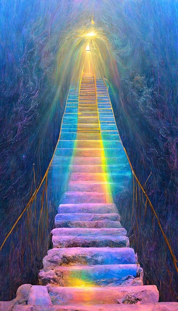 Photo a painting of a stairway with rainbows on it