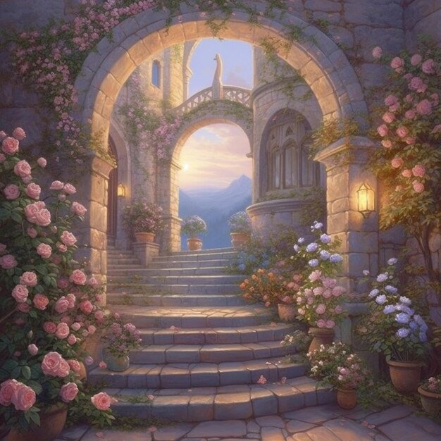 A painting of a stairway with roses on it