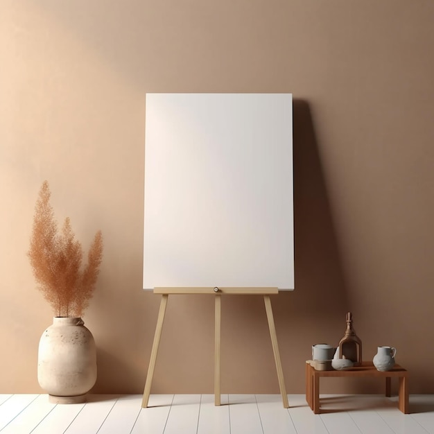 a painting on a stand with a white canvas on it